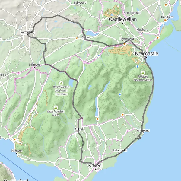 Map miniature of "Kilcoo to Hen Mountain Route" cycling inspiration in Northern Ireland, United Kingdom. Generated by Tarmacs.app cycling route planner