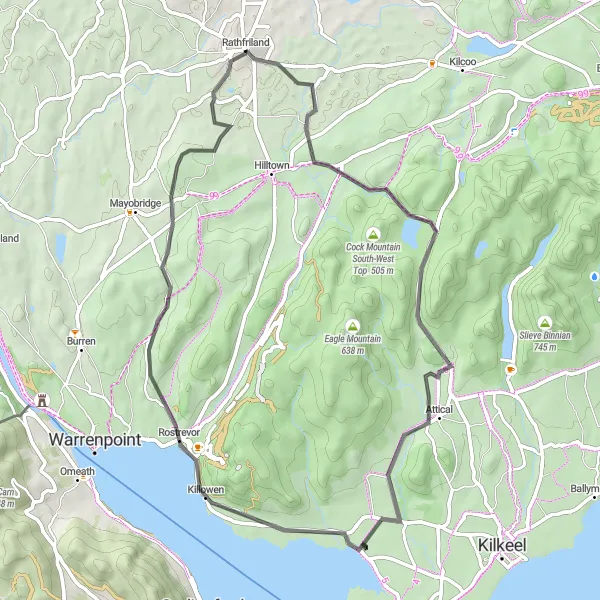 Map miniature of "Spelga to Rostrevor Route" cycling inspiration in Northern Ireland, United Kingdom. Generated by Tarmacs.app cycling route planner