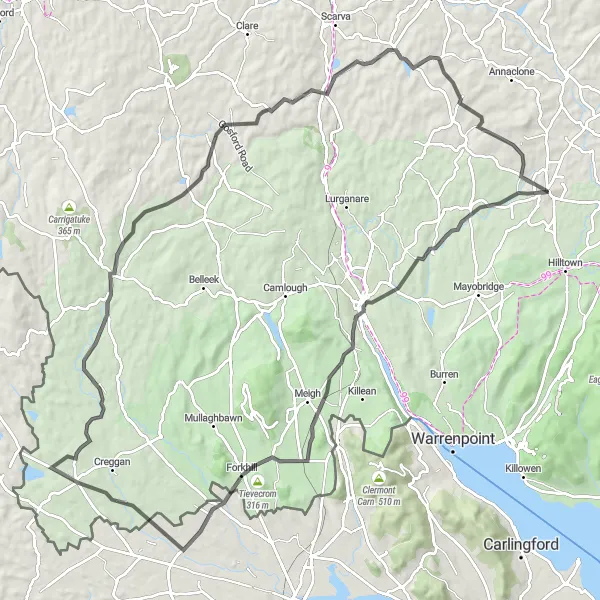 Map miniature of "Newry to Cullyhanna Route" cycling inspiration in Northern Ireland, United Kingdom. Generated by Tarmacs.app cycling route planner