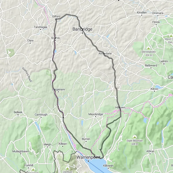 Map miniature of "Rostrevor to Rathfriland Road Trip" cycling inspiration in Northern Ireland, United Kingdom. Generated by Tarmacs.app cycling route planner