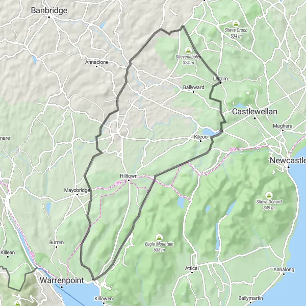 Map miniature of "Rostrevor to Slievenaboley Loop" cycling inspiration in Northern Ireland, United Kingdom. Generated by Tarmacs.app cycling route planner