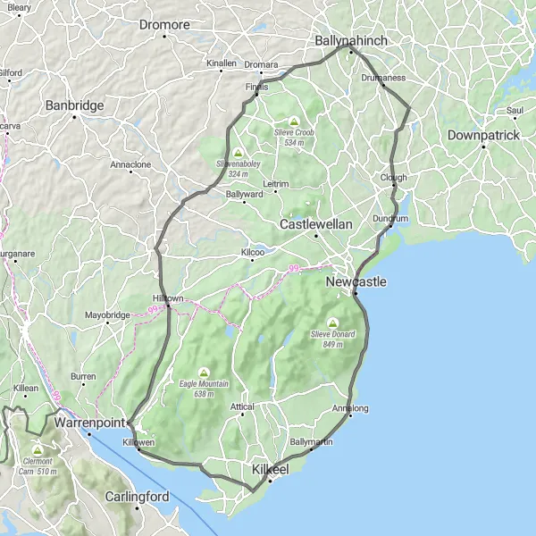 Map miniature of "The Mourne Mountains Challenge" cycling inspiration in Northern Ireland, United Kingdom. Generated by Tarmacs.app cycling route planner