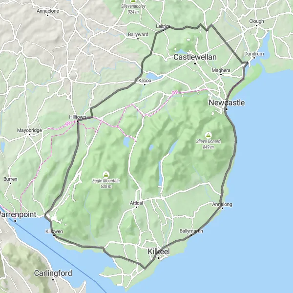 Map miniature of "Rostrevor to Ballymartin Challenge" cycling inspiration in Northern Ireland, United Kingdom. Generated by Tarmacs.app cycling route planner