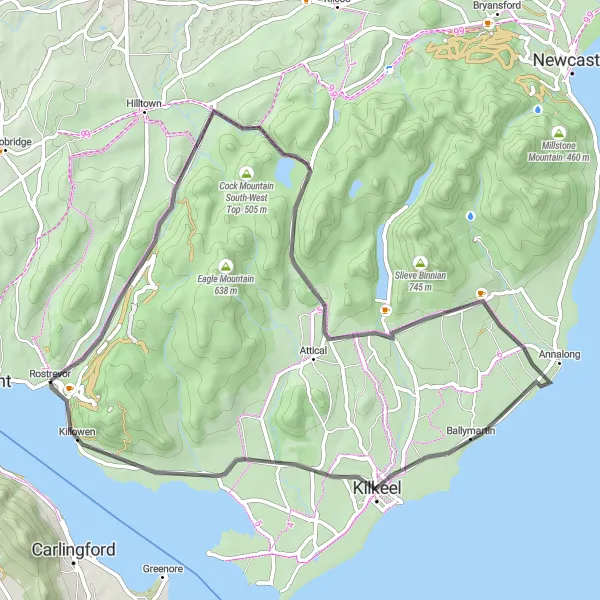 Map miniature of "Rostrevor to Annalong Adventure" cycling inspiration in Northern Ireland, United Kingdom. Generated by Tarmacs.app cycling route planner