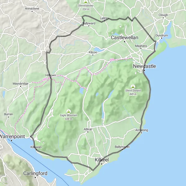 Map miniature of "Rostrevor to Newcastle Loop" cycling inspiration in Northern Ireland, United Kingdom. Generated by Tarmacs.app cycling route planner