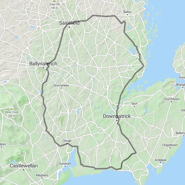 Map miniature of "Saintfield to Downpatrick Loop" cycling inspiration in Northern Ireland, United Kingdom. Generated by Tarmacs.app cycling route planner