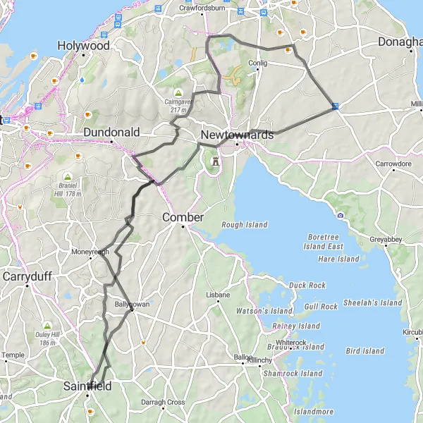 Map miniature of "Saintfield to Ballygowan Loop" cycling inspiration in Northern Ireland, United Kingdom. Generated by Tarmacs.app cycling route planner