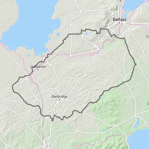 Map miniature of "Saintfield to Poyntzpass Loop" cycling inspiration in Northern Ireland, United Kingdom. Generated by Tarmacs.app cycling route planner