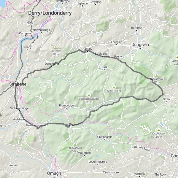 Map miniature of "The Valley Explorer" cycling inspiration in Northern Ireland, United Kingdom. Generated by Tarmacs.app cycling route planner