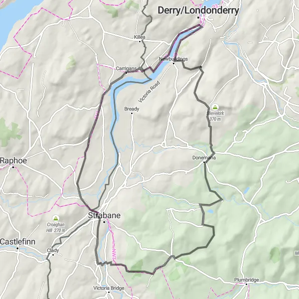 Map miniature of "Prehen and Slievekirk Loop" cycling inspiration in Northern Ireland, United Kingdom. Generated by Tarmacs.app cycling route planner