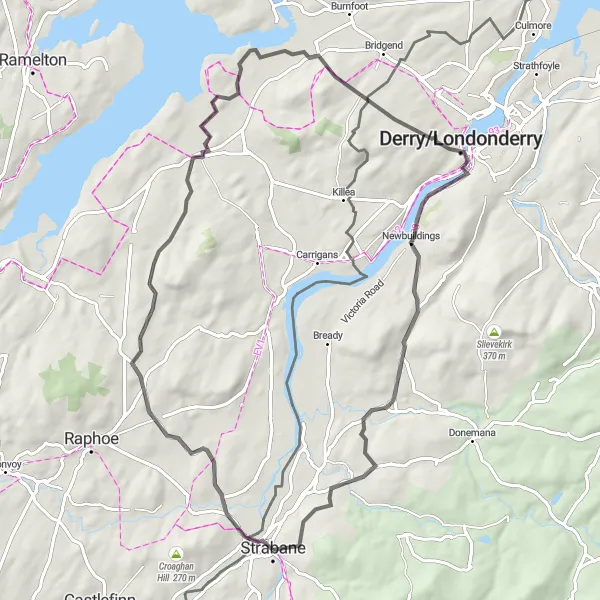 Map miniature of "Lough Foyle Circular" cycling inspiration in Northern Ireland, United Kingdom. Generated by Tarmacs.app cycling route planner