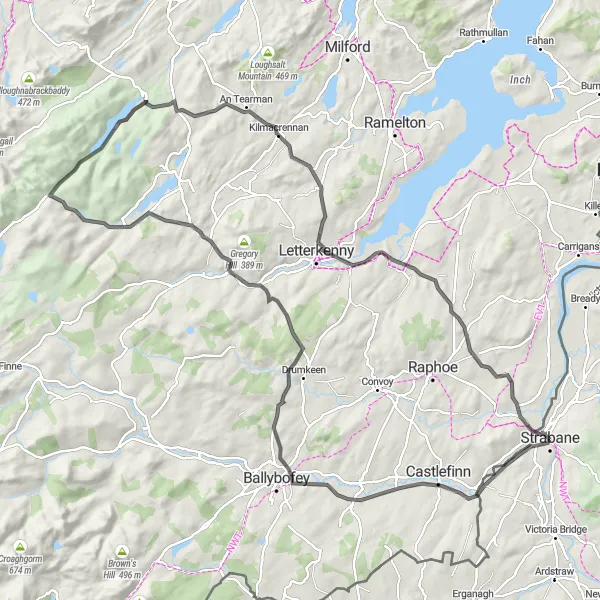 Map miniature of "The Hills of Strabane and Beyond" cycling inspiration in Northern Ireland, United Kingdom. Generated by Tarmacs.app cycling route planner