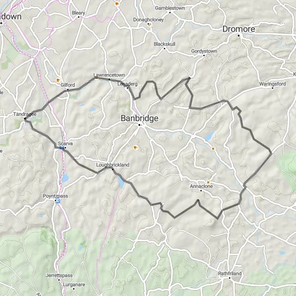 Map miniature of "Lawrencetown Exploration" cycling inspiration in Northern Ireland, United Kingdom. Generated by Tarmacs.app cycling route planner