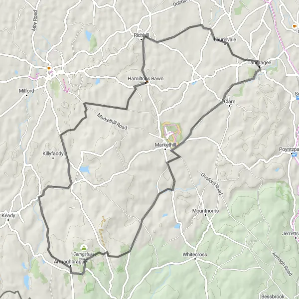 Map miniature of "Markethill Loop" cycling inspiration in Northern Ireland, United Kingdom. Generated by Tarmacs.app cycling route planner