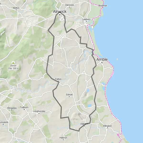 Map miniature of "Alnwick Castle Loop" cycling inspiration in Northumberland and Tyne and Wear, United Kingdom. Generated by Tarmacs.app cycling route planner