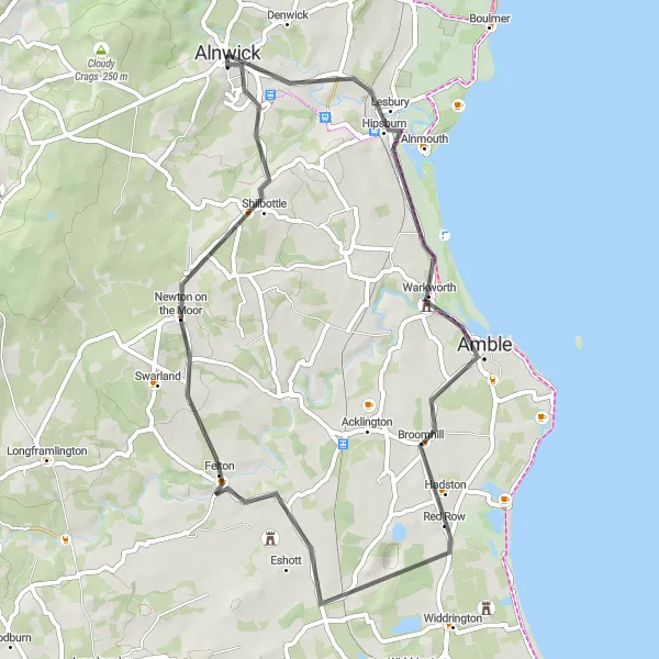 Map miniature of "Coastal Castles Ride" cycling inspiration in Northumberland and Tyne and Wear, United Kingdom. Generated by Tarmacs.app cycling route planner