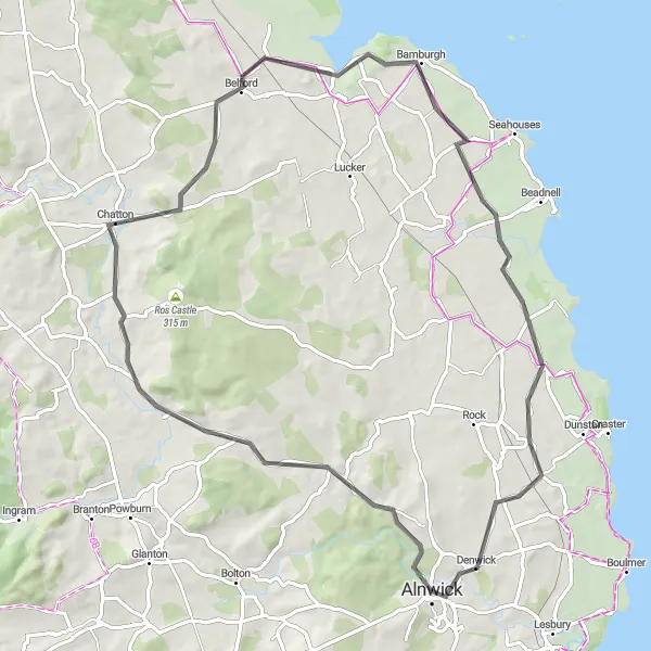 Map miniature of "Historic Castles and Coastal Beauty" cycling inspiration in Northumberland and Tyne and Wear, United Kingdom. Generated by Tarmacs.app cycling route planner