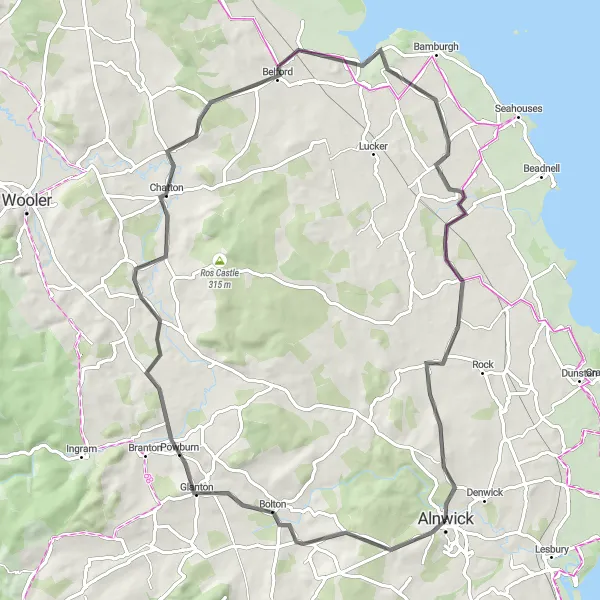 Map miniature of "Glanton and Belford Loop" cycling inspiration in Northumberland and Tyne and Wear, United Kingdom. Generated by Tarmacs.app cycling route planner