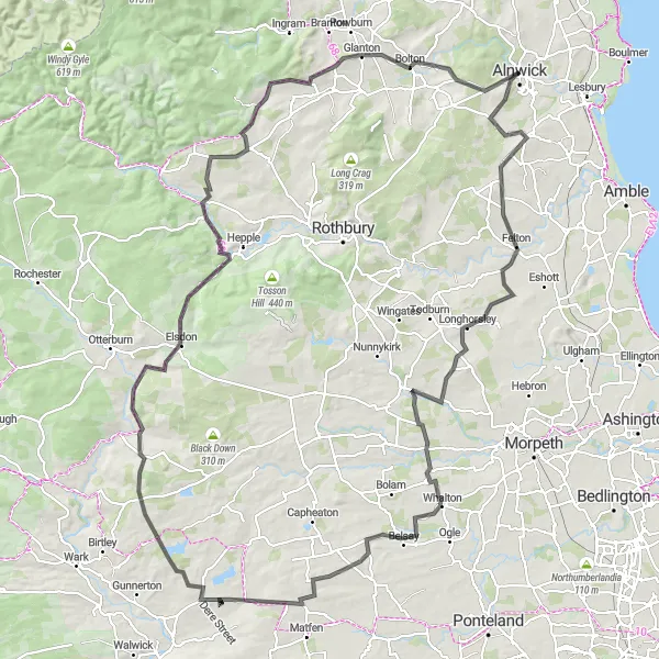 Map miniature of "Shilbottle and Belsay Adventure" cycling inspiration in Northumberland and Tyne and Wear, United Kingdom. Generated by Tarmacs.app cycling route planner
