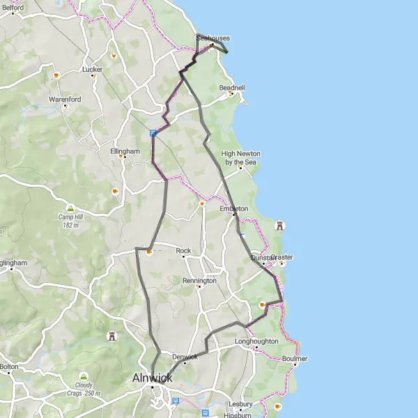 Map miniature of "Seahouses and Denwick Loop" cycling inspiration in Northumberland and Tyne and Wear, United Kingdom. Generated by Tarmacs.app cycling route planner