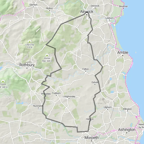 Map miniature of "Tritlington and Guyzance Loop" cycling inspiration in Northumberland and Tyne and Wear, United Kingdom. Generated by Tarmacs.app cycling route planner