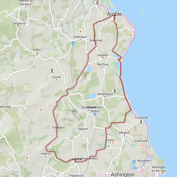 Map miniature of "Hidden Gems of Amble Gravel Loop" cycling inspiration in Northumberland and Tyne and Wear, United Kingdom. Generated by Tarmacs.app cycling route planner