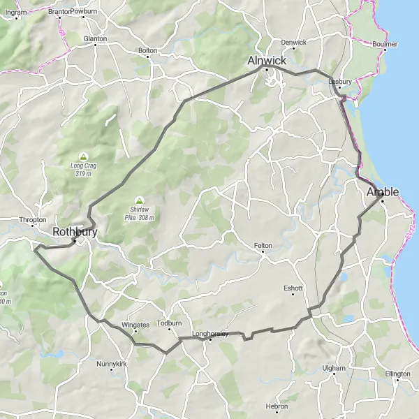 Map miniature of "Coast and Castle Bike Loop" cycling inspiration in Northumberland and Tyne and Wear, United Kingdom. Generated by Tarmacs.app cycling route planner