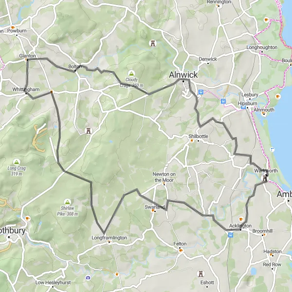 Map miniature of "Warkworth Wonder" cycling inspiration in Northumberland and Tyne and Wear, United Kingdom. Generated by Tarmacs.app cycling route planner