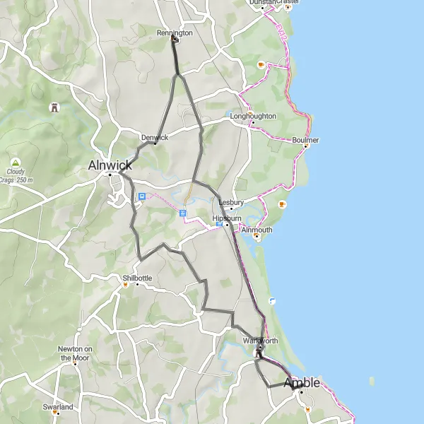 Map miniature of "Amble to Warkworth Loop" cycling inspiration in Northumberland and Tyne and Wear, United Kingdom. Generated by Tarmacs.app cycling route planner