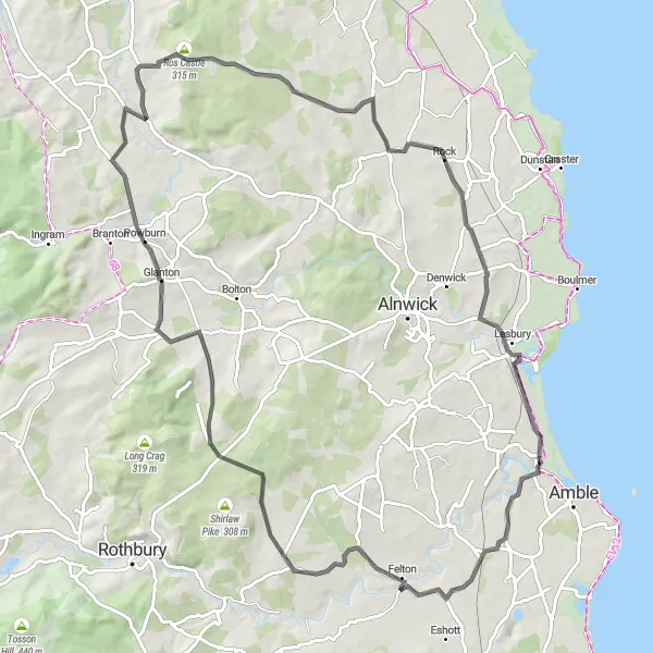 Map miniature of "Amble to Glanton Loop" cycling inspiration in Northumberland and Tyne and Wear, United Kingdom. Generated by Tarmacs.app cycling route planner