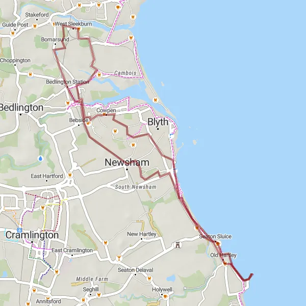 Map miniature of "Blyth and Bebside Gravel Loop" cycling inspiration in Northumberland and Tyne and Wear, United Kingdom. Generated by Tarmacs.app cycling route planner