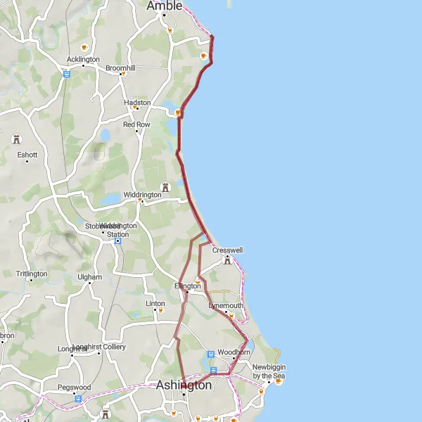 Map miniature of "Ashington to Woodhorn Gravel Route" cycling inspiration in Northumberland and Tyne and Wear, United Kingdom. Generated by Tarmacs.app cycling route planner