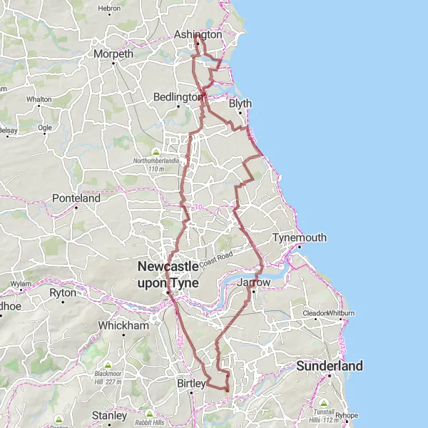 Map miniature of "Jarrow to Ashington Gravel Adventure" cycling inspiration in Northumberland and Tyne and Wear, United Kingdom. Generated by Tarmacs.app cycling route planner