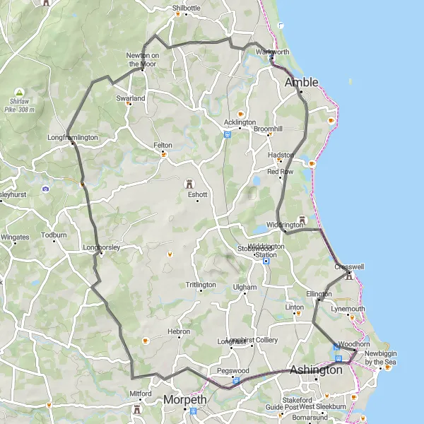 Map miniature of "Ashington to Ellington" cycling inspiration in Northumberland and Tyne and Wear, United Kingdom. Generated by Tarmacs.app cycling route planner