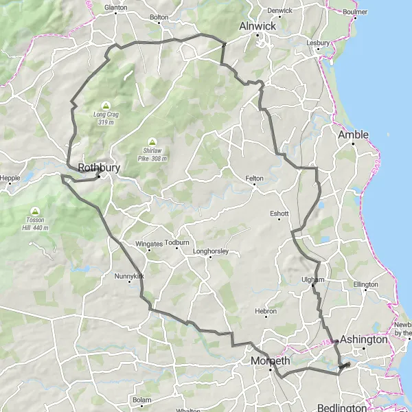 Map miniature of "Ashington to Ulgham Loop" cycling inspiration in Northumberland and Tyne and Wear, United Kingdom. Generated by Tarmacs.app cycling route planner