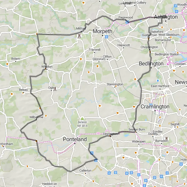 Map miniature of "Northumberlandia and Colliers Hill Road Ride" cycling inspiration in Northumberland and Tyne and Wear, United Kingdom. Generated by Tarmacs.app cycling route planner