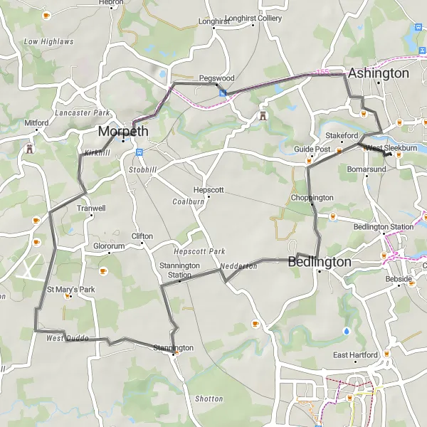 Map miniature of "Choppington to Tranwell Scenic Route" cycling inspiration in Northumberland and Tyne and Wear, United Kingdom. Generated by Tarmacs.app cycling route planner