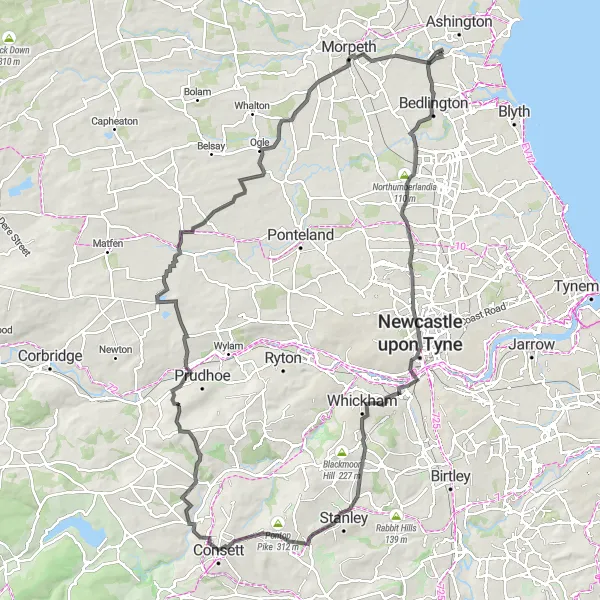 Map miniature of "Northumbrian Landscapes Road Ride" cycling inspiration in Northumberland and Tyne and Wear, United Kingdom. Generated by Tarmacs.app cycling route planner