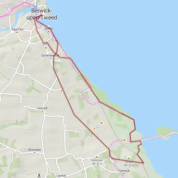 Map miniature of "Berwick-Upon-Tweed Gravel Adventure" cycling inspiration in Northumberland and Tyne and Wear, United Kingdom. Generated by Tarmacs.app cycling route planner