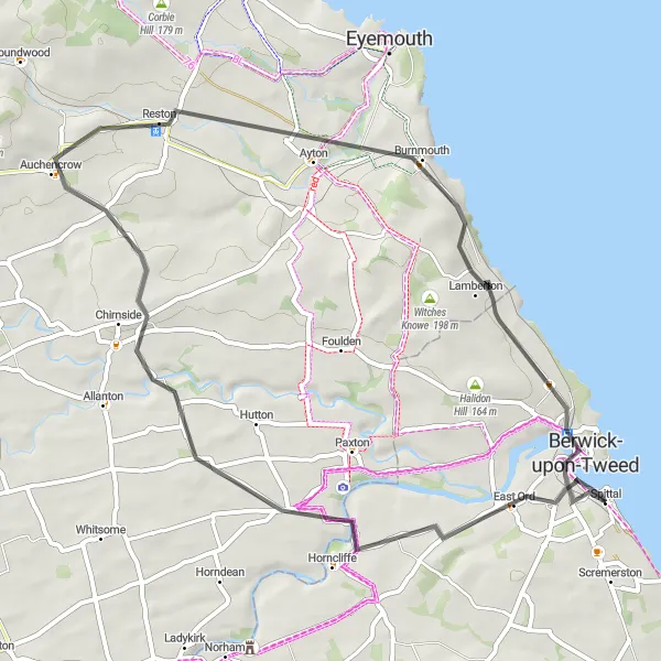 Map miniature of "Spittal and Berwick-upon-Tweed Loop" cycling inspiration in Northumberland and Tyne and Wear, United Kingdom. Generated by Tarmacs.app cycling route planner