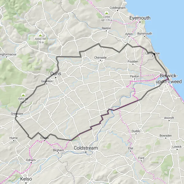 Map miniature of "Norham Castle and Duns Law Loop" cycling inspiration in Northumberland and Tyne and Wear, United Kingdom. Generated by Tarmacs.app cycling route planner