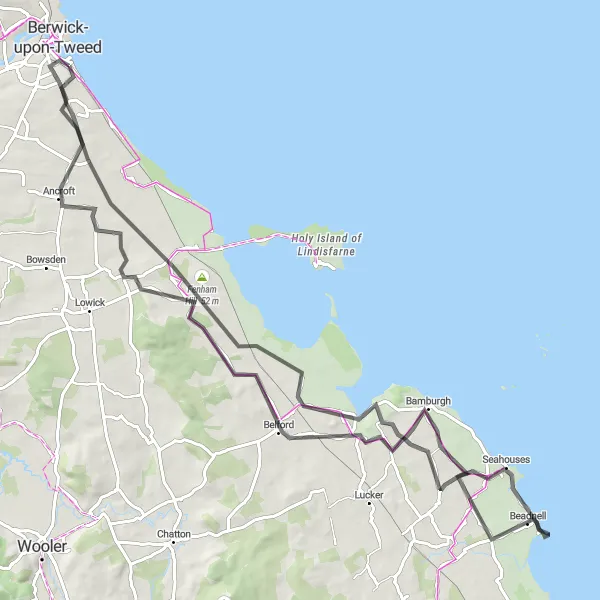 Map miniature of "Coastal Castles and Hidden Gems" cycling inspiration in Northumberland and Tyne and Wear, United Kingdom. Generated by Tarmacs.app cycling route planner