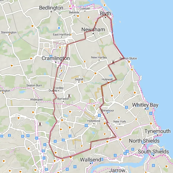 Map miniature of "Coastal Gravel Ride from Blyth to Dudley" cycling inspiration in Northumberland and Tyne and Wear, United Kingdom. Generated by Tarmacs.app cycling route planner