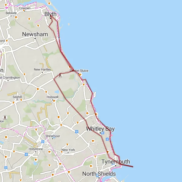 Map miniature of "Coastal Gravel Adventure" cycling inspiration in Northumberland and Tyne and Wear, United Kingdom. Generated by Tarmacs.app cycling route planner