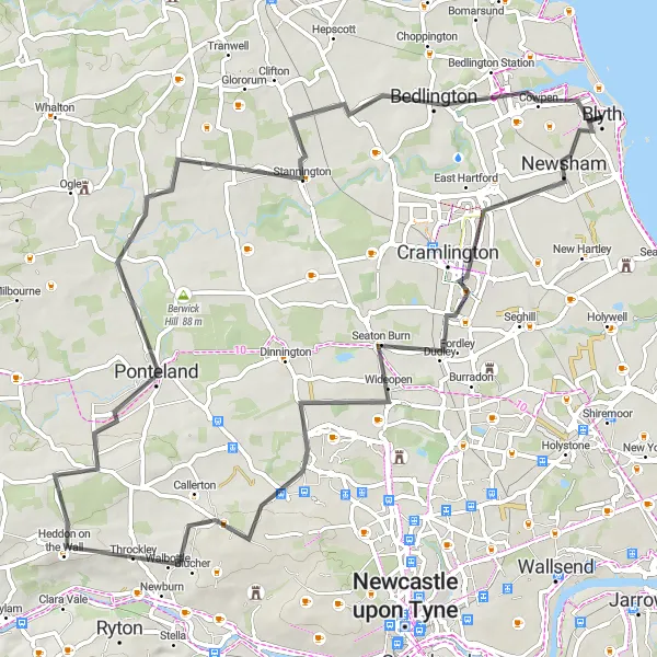 Map miniature of "Blyth to Heddon on the Wall Loop" cycling inspiration in Northumberland and Tyne and Wear, United Kingdom. Generated by Tarmacs.app cycling route planner