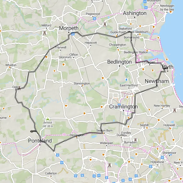 Map miniature of "Scenic Road Loop from Blyth to Ponteland" cycling inspiration in Northumberland and Tyne and Wear, United Kingdom. Generated by Tarmacs.app cycling route planner