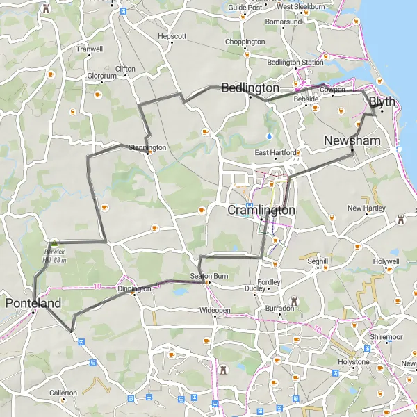 Map miniature of "Hilly Adventure: Cramlington to Bedlington Loop" cycling inspiration in Northumberland and Tyne and Wear, United Kingdom. Generated by Tarmacs.app cycling route planner