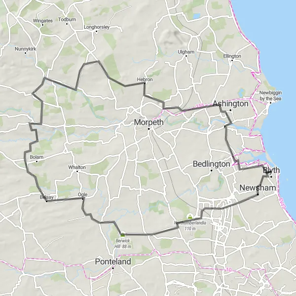 Map miniature of "Northumberland and Tyne route" cycling inspiration in Northumberland and Tyne and Wear, United Kingdom. Generated by Tarmacs.app cycling route planner