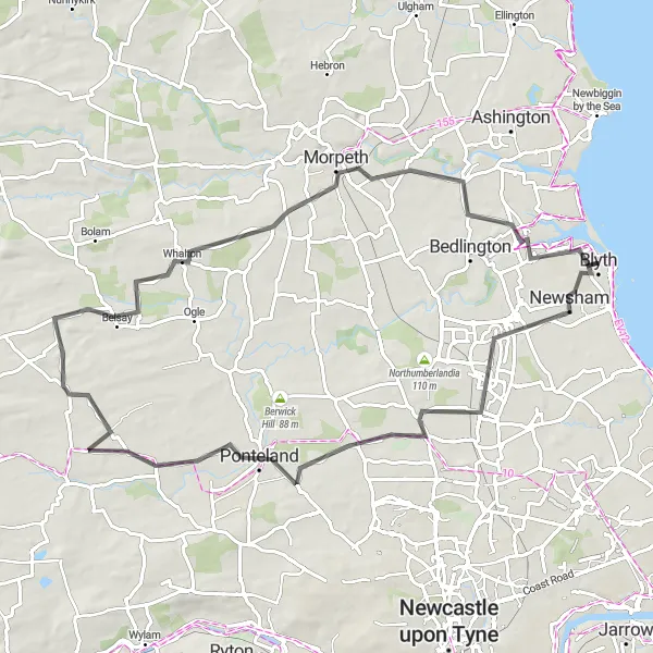 Map miniature of "Castles and Countryside" cycling inspiration in Northumberland and Tyne and Wear, United Kingdom. Generated by Tarmacs.app cycling route planner