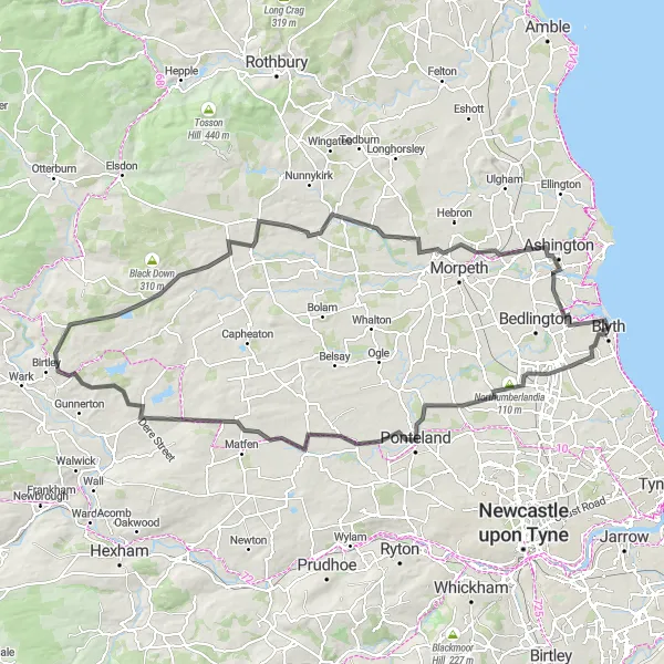 Map miniature of "Northumberland Epic" cycling inspiration in Northumberland and Tyne and Wear, United Kingdom. Generated by Tarmacs.app cycling route planner